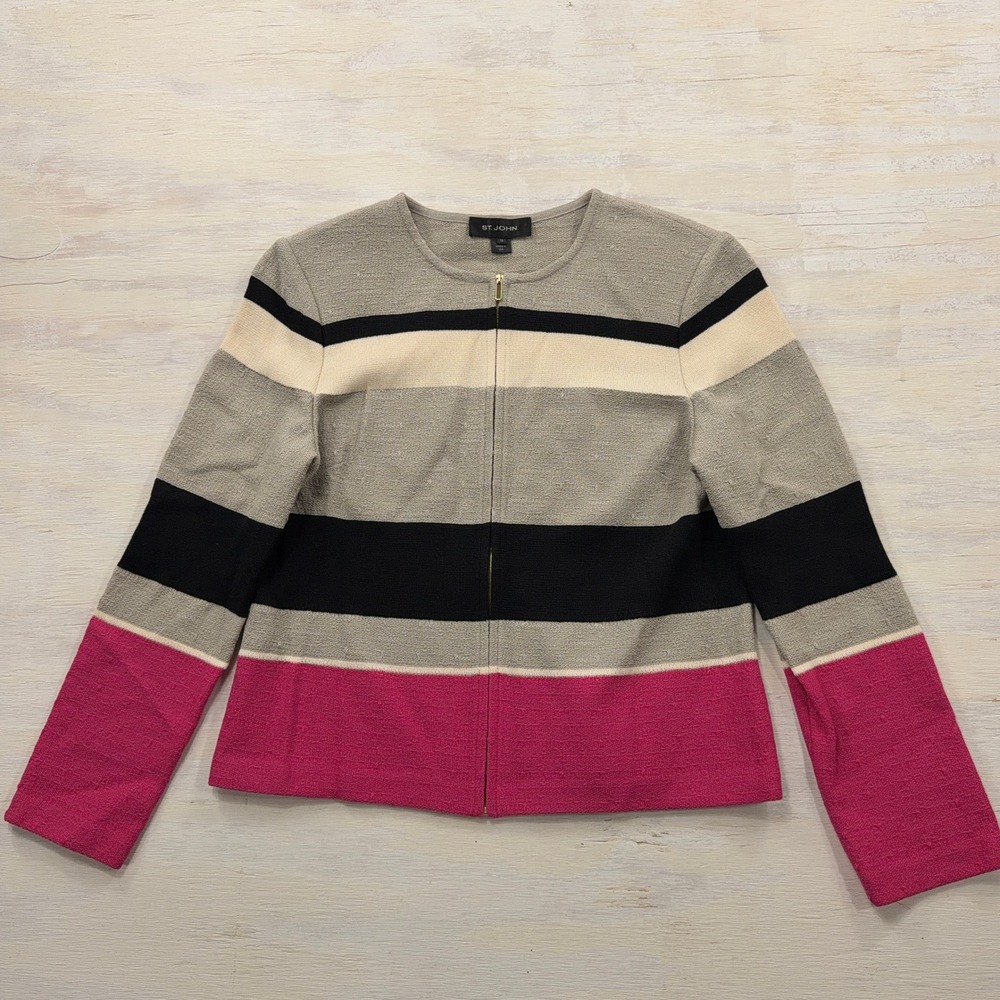 St John Jacket Knit Zip Front 10 Striped Wool Blend Pink Grey Black Womens